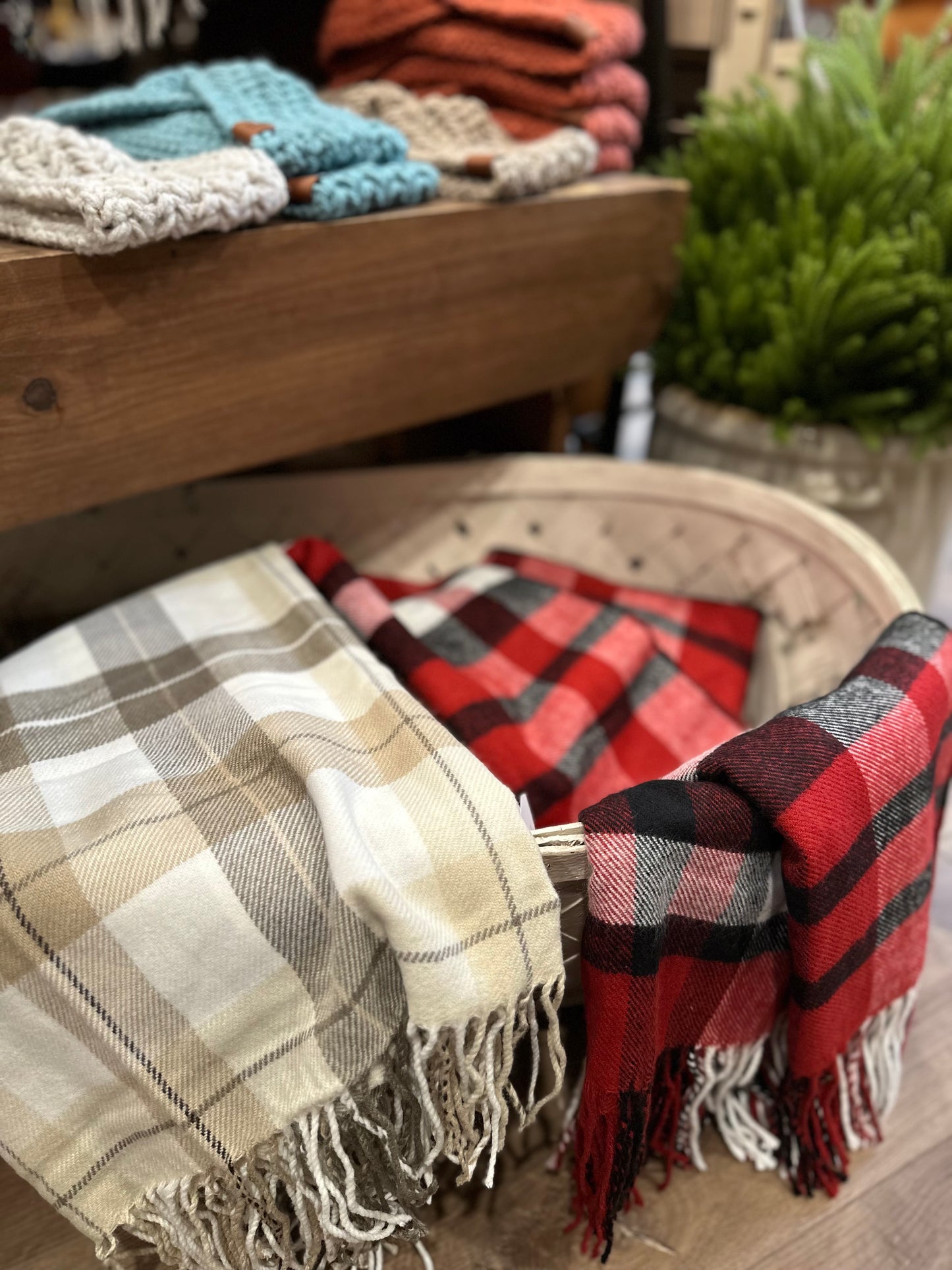 Plaid Throw Blanket | Beige, Brown & White