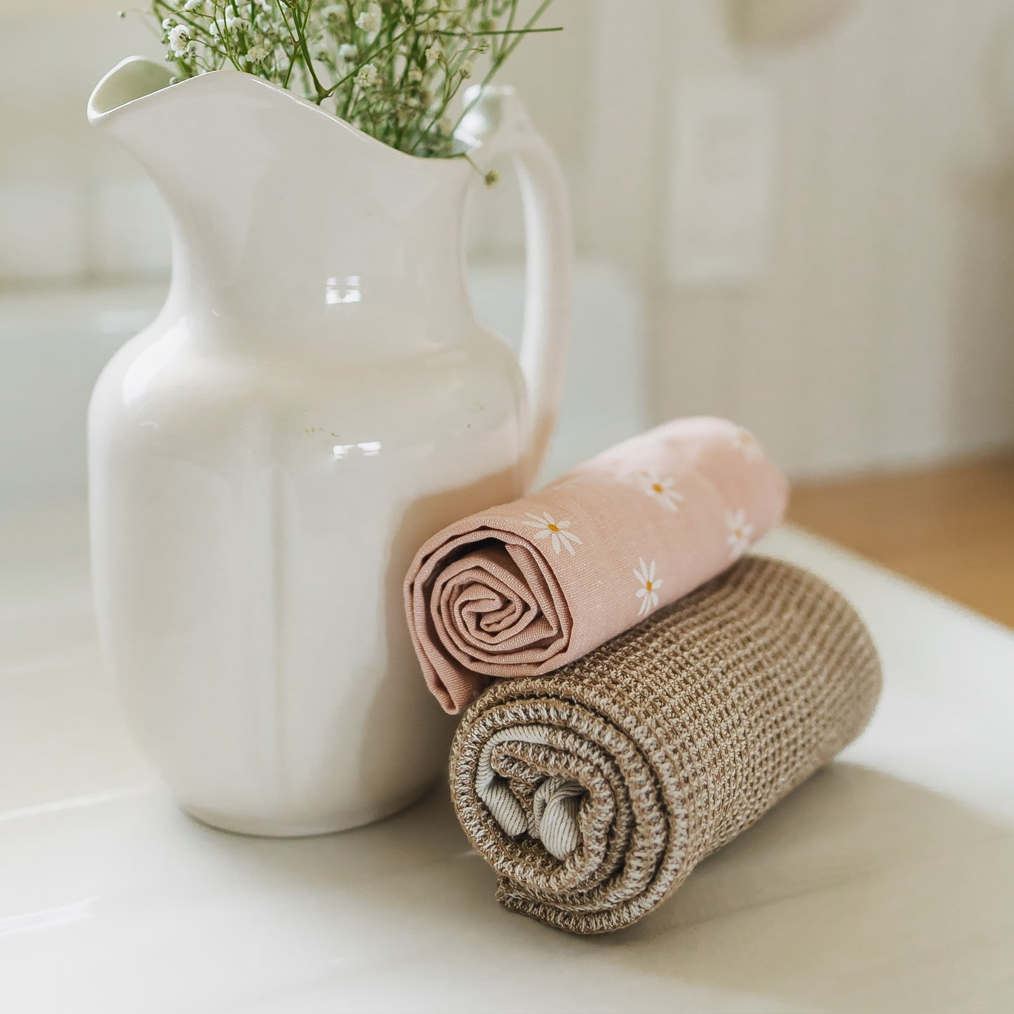Pink Daisy and Brown Waffle Dishtowels | Set of 2