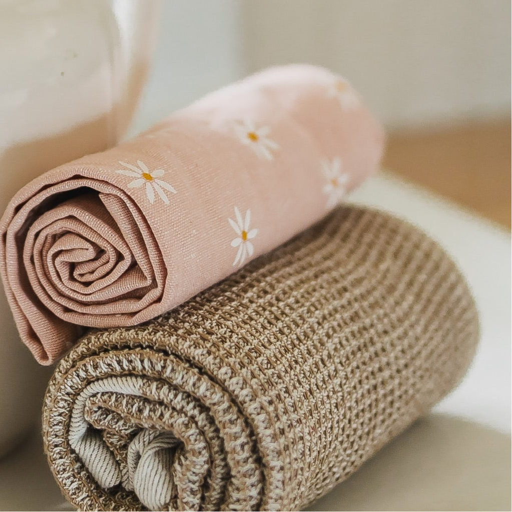 Pink Daisy and Brown Waffle Dishtowels | Set of 2