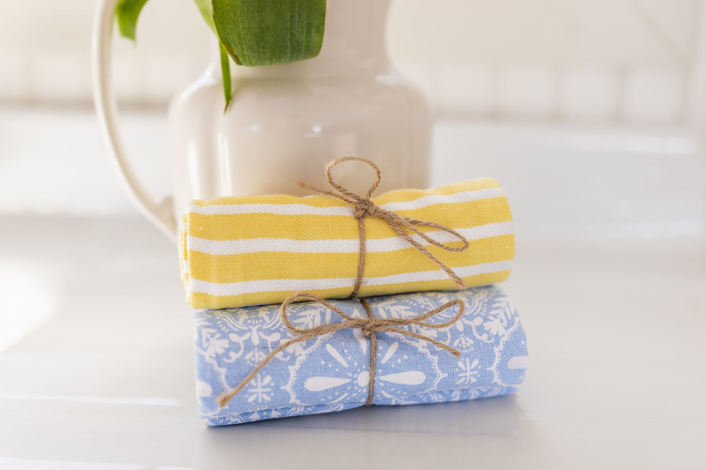 Yellow Stripe & Blue Print Dishtowels | Set of 2