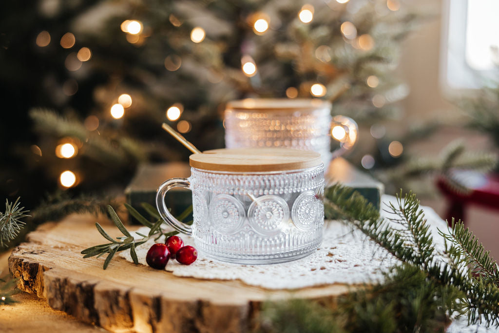 Glass Mug | Wooden Lid and Gold Spoon Set | Design 1