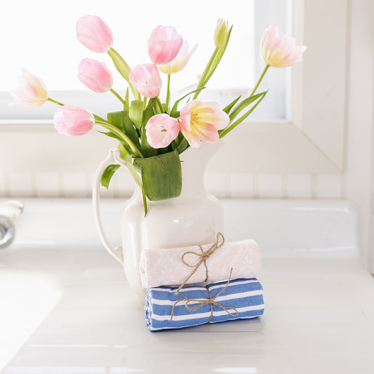 Blue Stripe & Pink Print Dishtowels | Set of 2