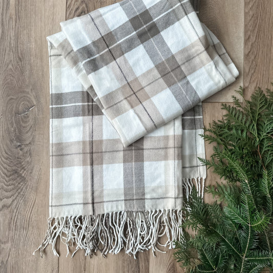 Plaid Throw Blanket | Beige, Brown & White