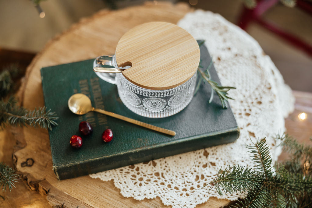Glass Mug | Wooden Lid and Gold Spoon Set | Design 1