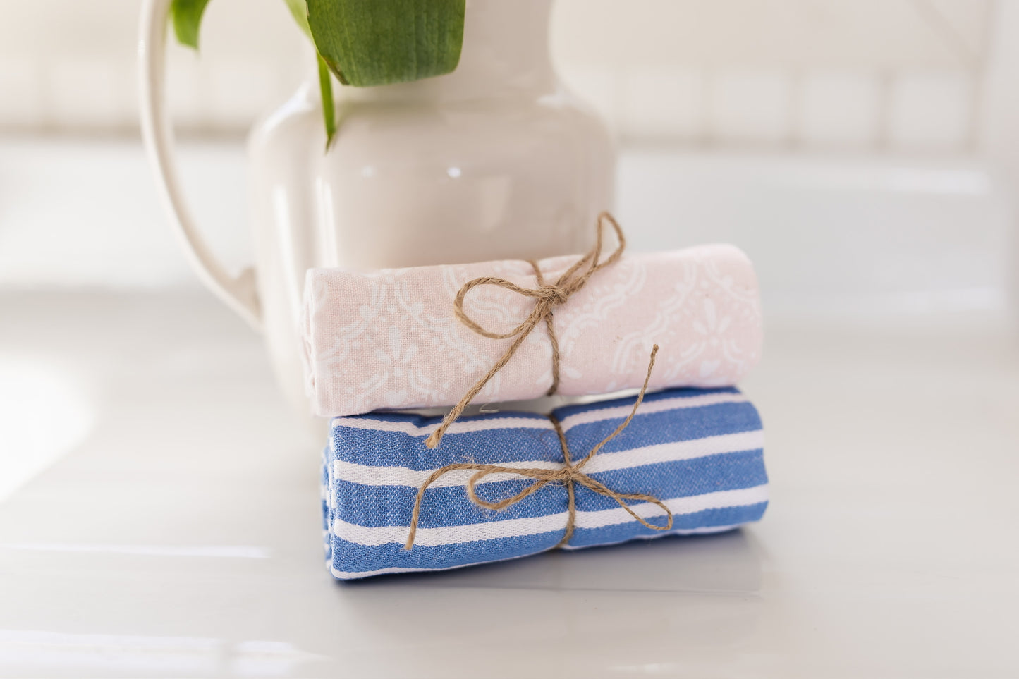 Blue Stripe & Pink Print Dishtowels | Set of 2