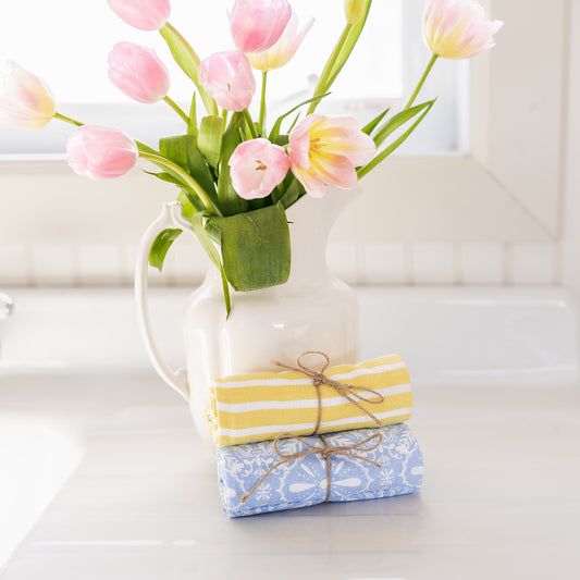 Yellow Stripe & Blue Print Dishtowels | Set of 2