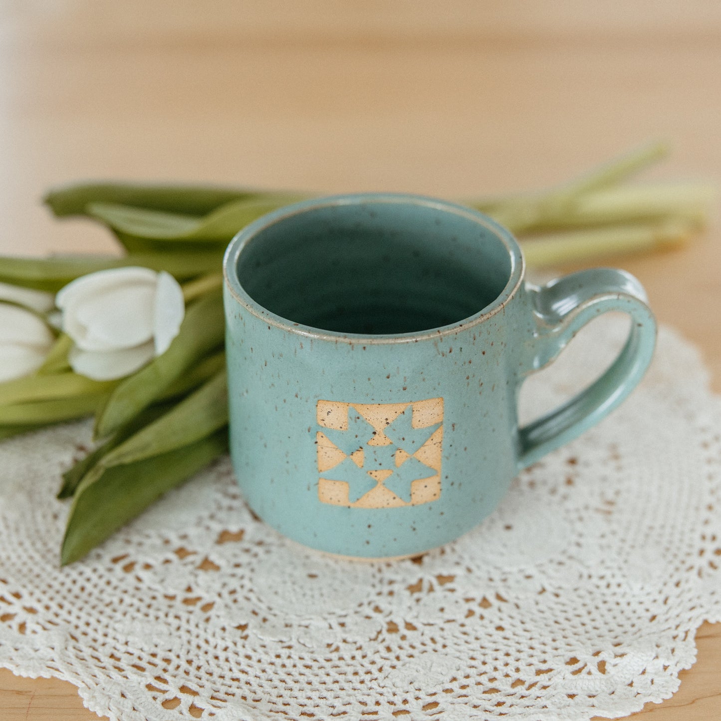 Quilt Block Pottery Mug | Light Green