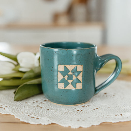 Quilt Block Pottery Mug | Dark Green