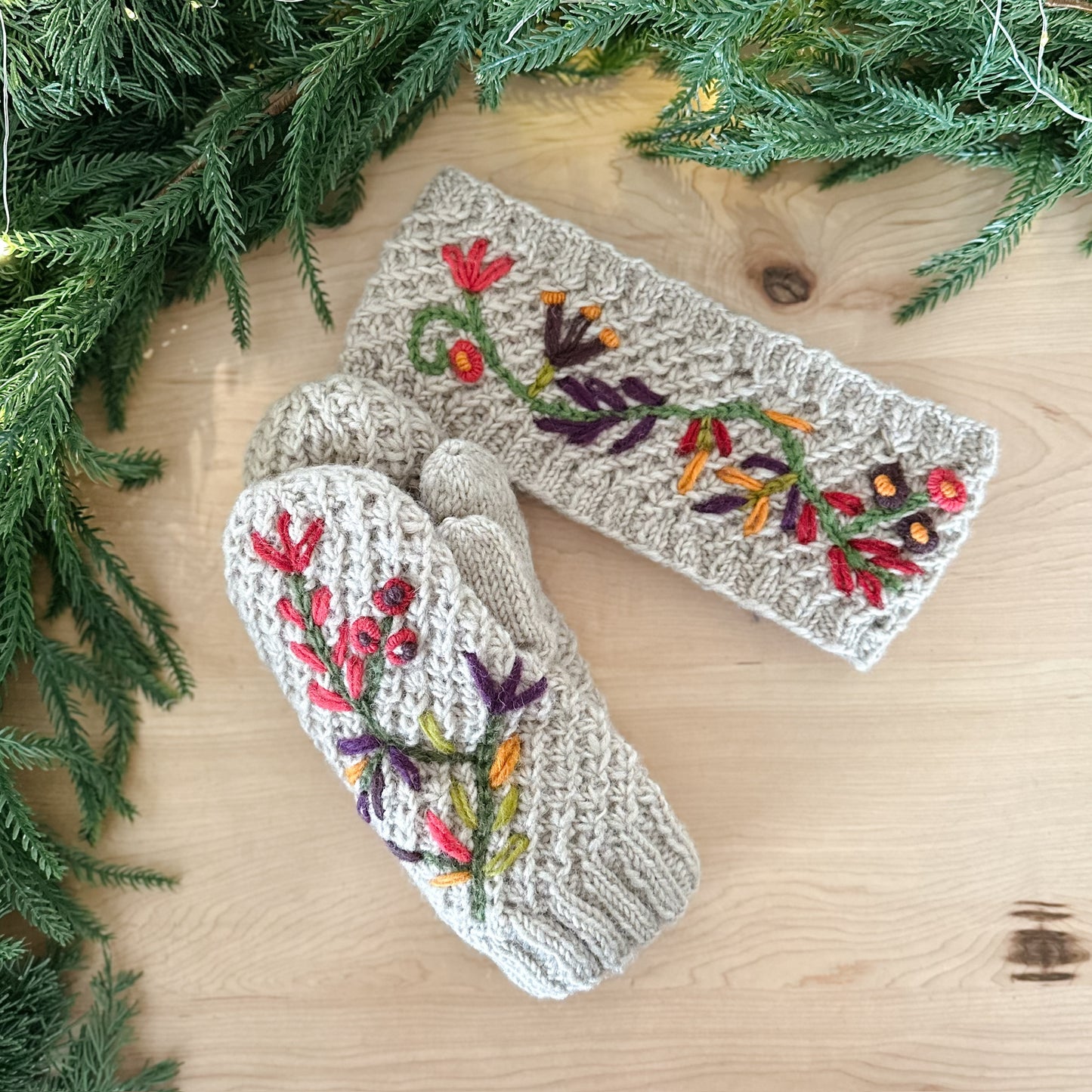 Natural Floral Mitten and Headband Set