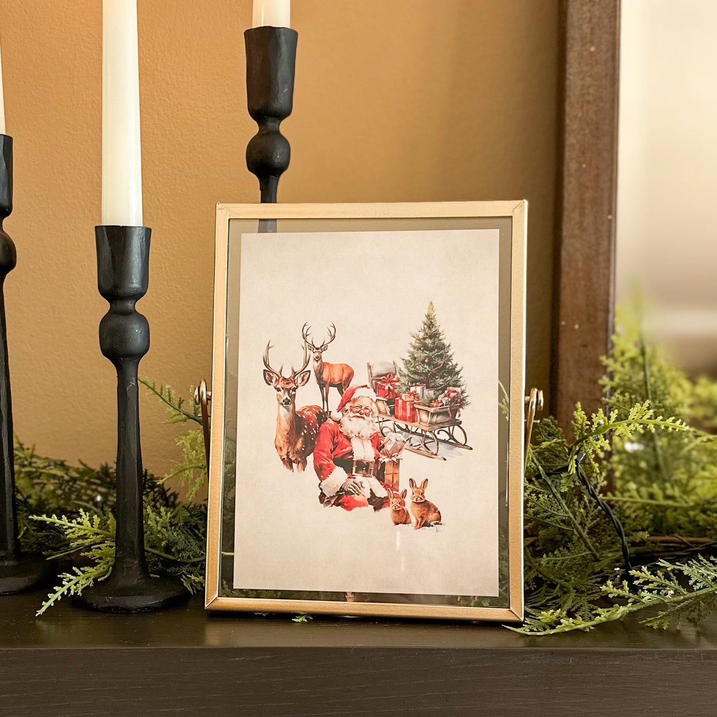 Gold Framed Print | Old Fashioned Santa with Sleigh and Deer