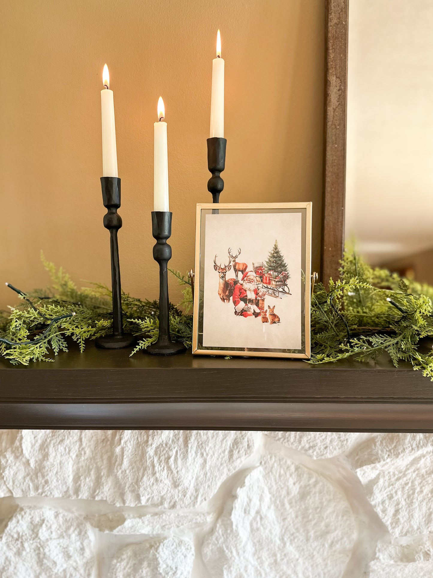 Gold Framed Print | Old Fashioned Santa with Sleigh and Deer