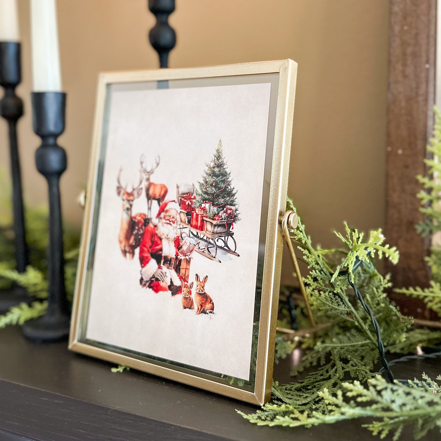 Gold Framed Print | Old Fashioned Santa with Sleigh and Deer