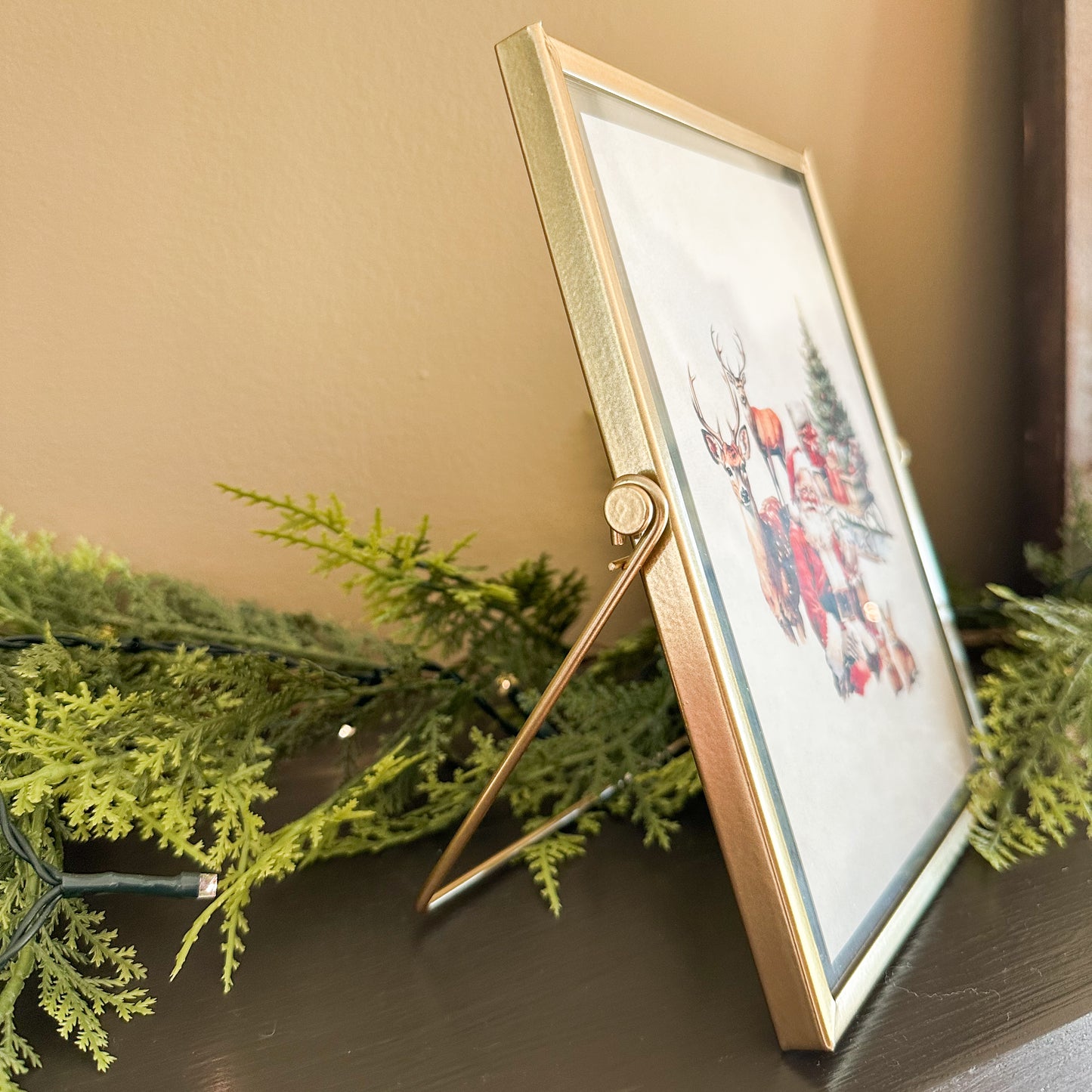 Gold Framed Print | Old Fashioned Santa with Sleigh and Deer