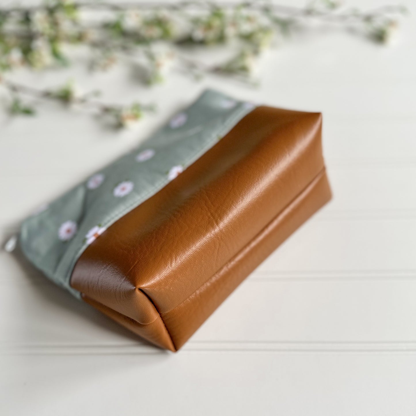 Sage Green Daisy and Leather Pouch
