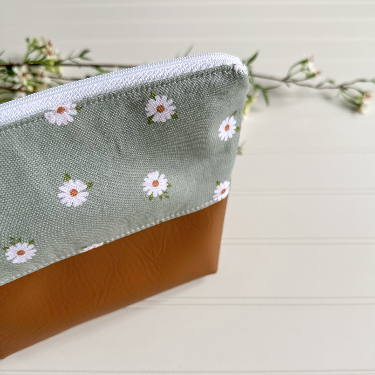 Sage Green Daisy and Leather Pouch