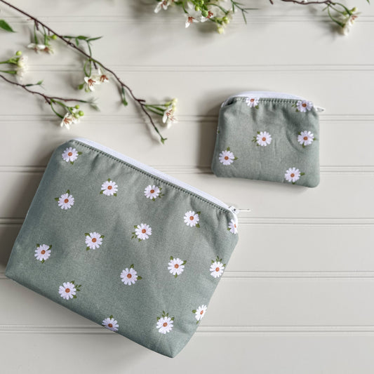 Sage Green Daisy Pouch Set | Small and Medium