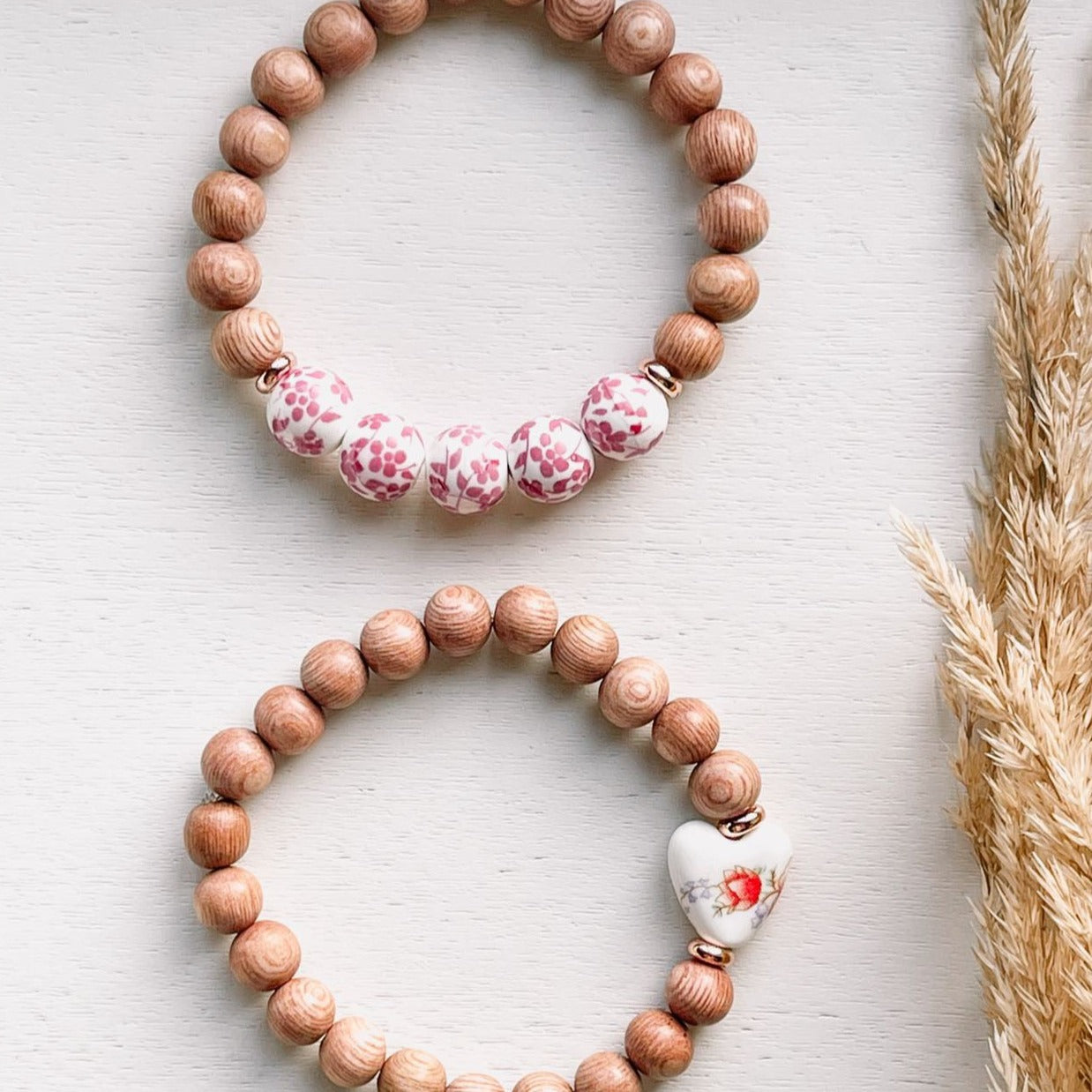 Japanese Glass Heart Bead & Wood Bead Bracelet