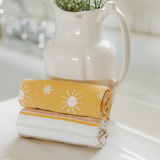 Yellow Sun and Pastel Striped Dishtowels | Set of 2