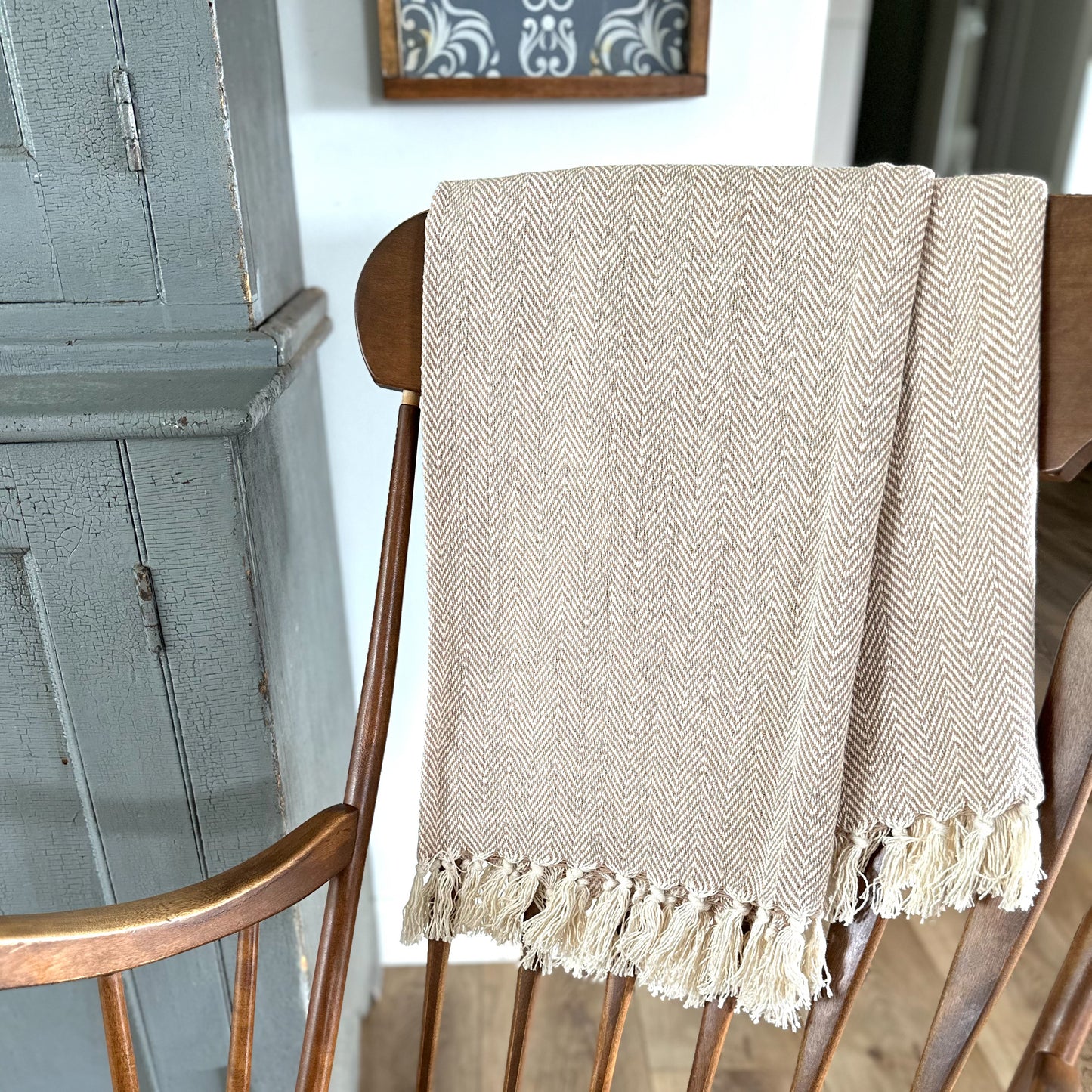 Herringbone Stripe Cotton Throw Blanket Fringes