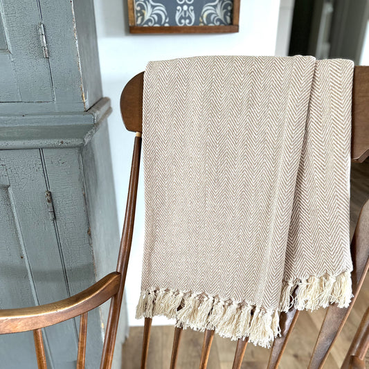 Herringbone Stripe Cotton Throw Blanket Fringes