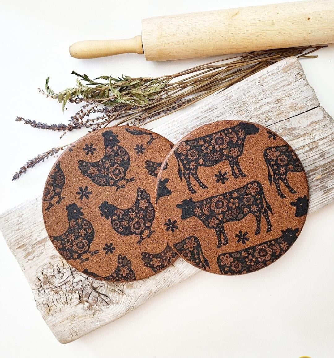 Floral Farm Animals Cork Trivets | 8 options
