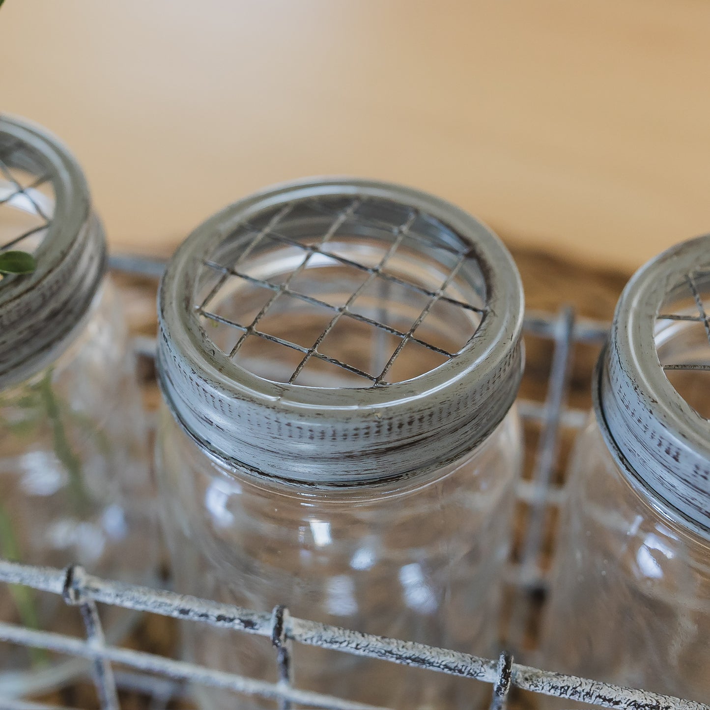 Mason Jar Set In Wire Holder