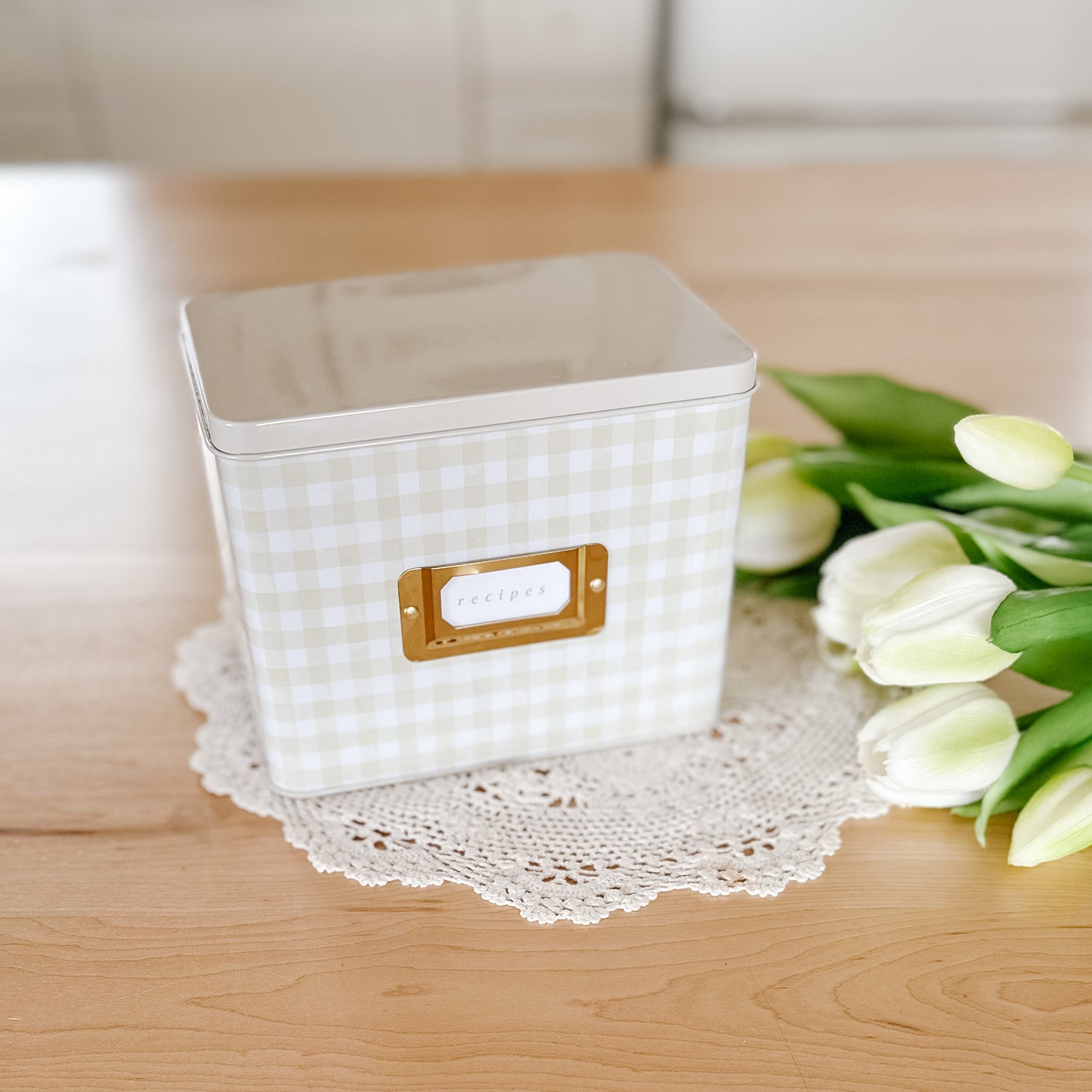 Beige Gingham Recipe Tin