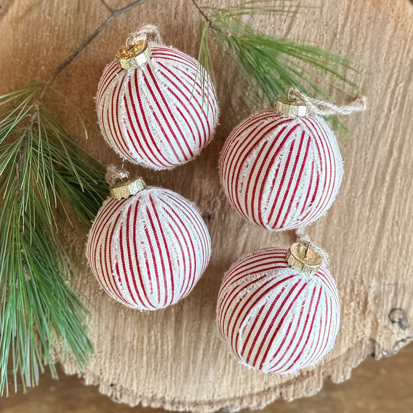 Red and White Ticking Stripe Tree Ornaments | Set of 4