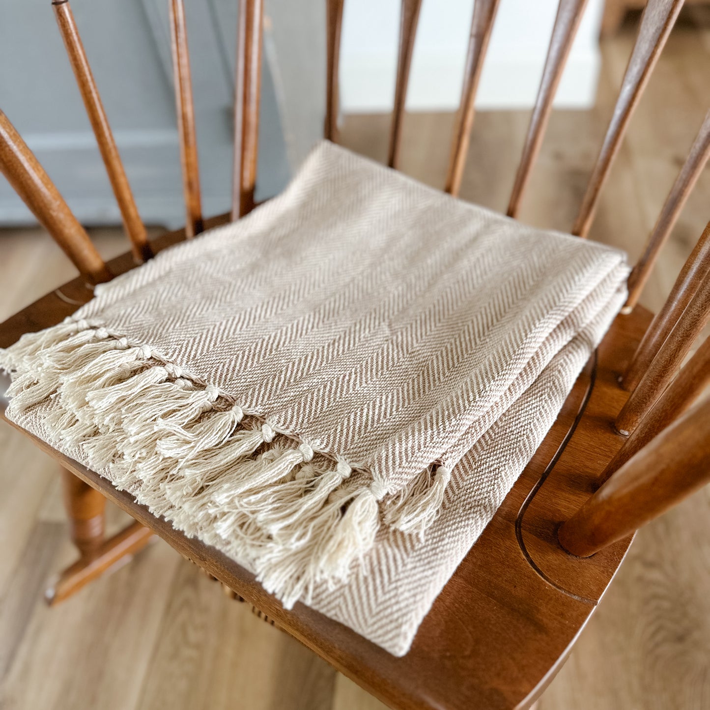 Herringbone Stripe Cotton Throw Blanket Fringes