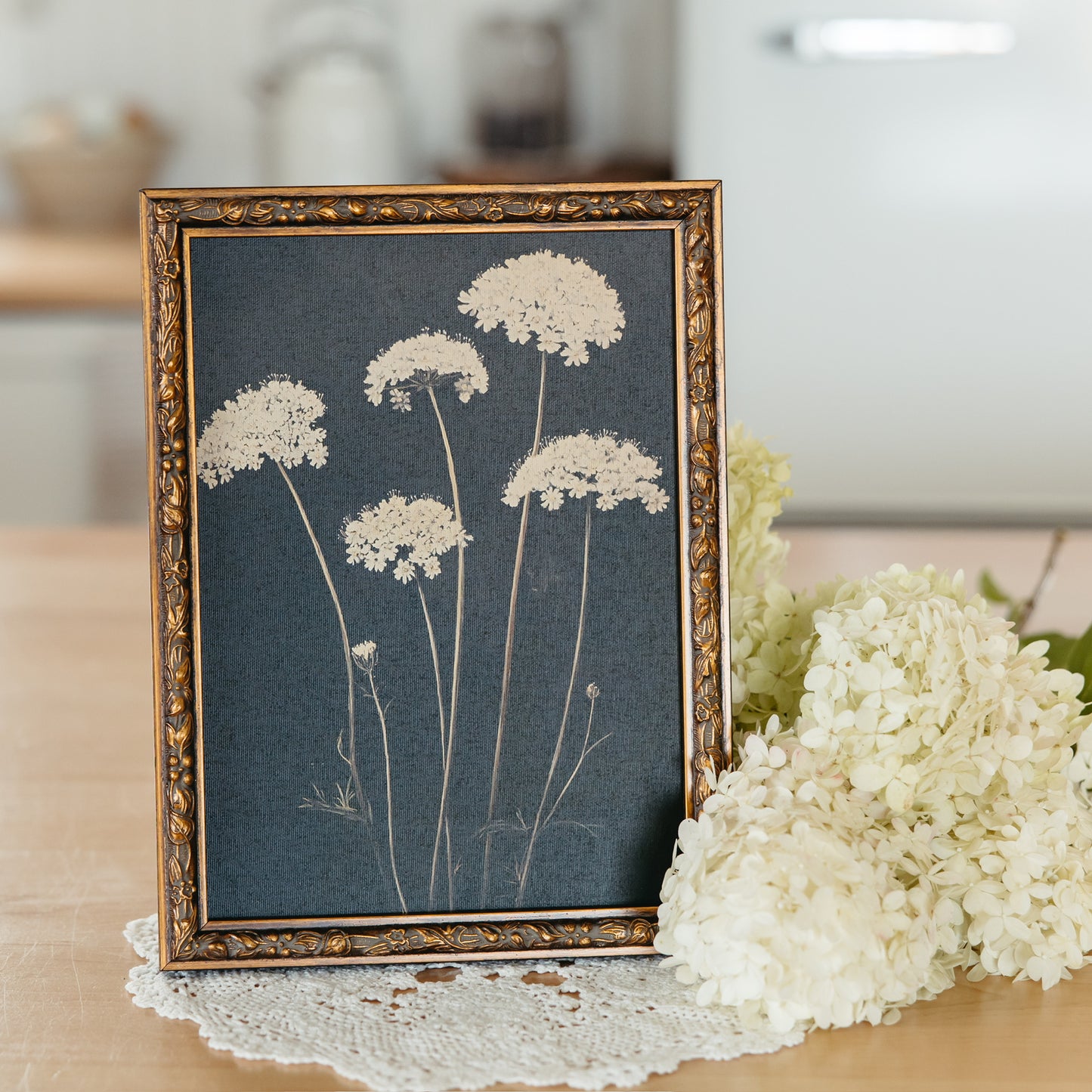 White Pressed Flower Bronzed Framed Print | 9 x12