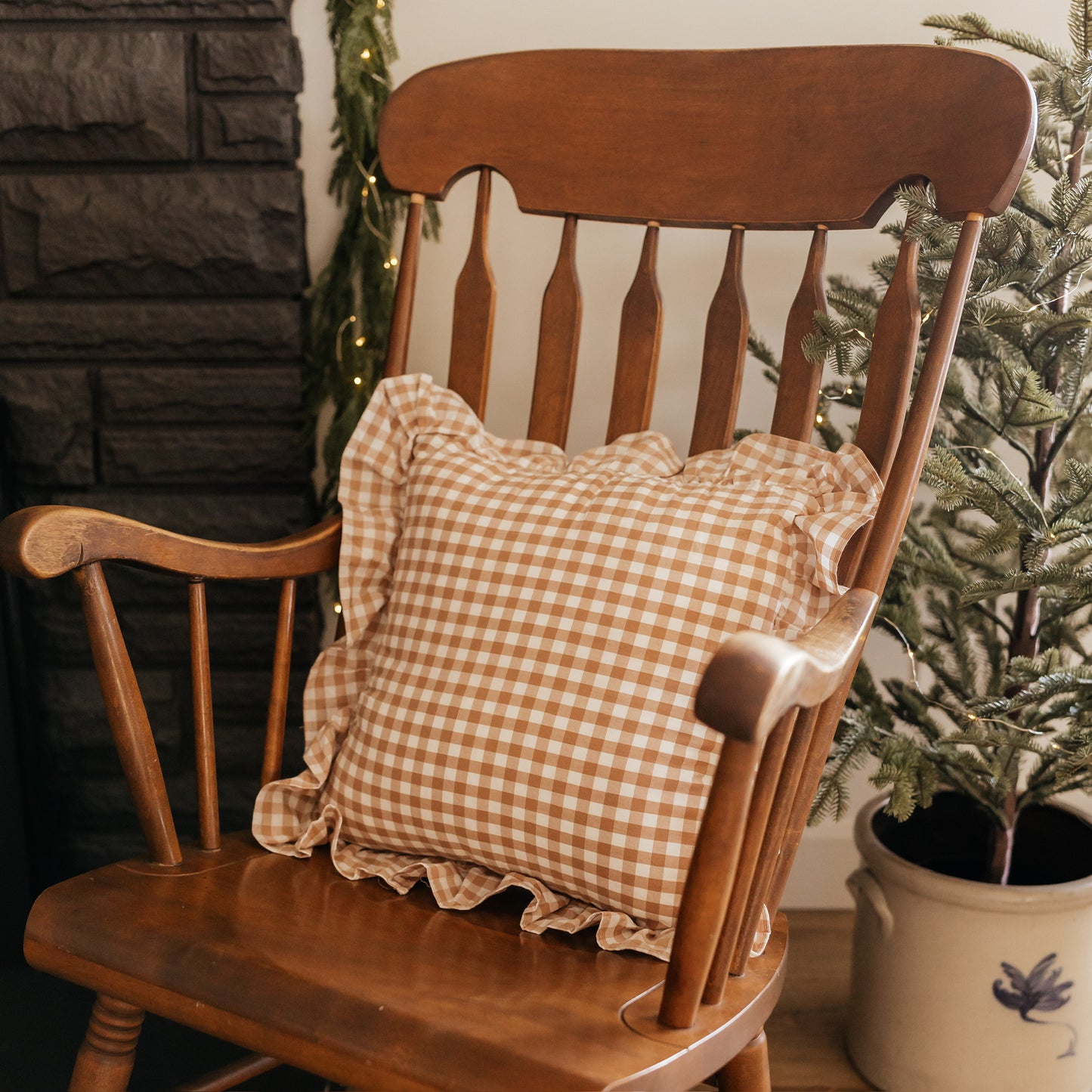 Gingham Ruffle Pillow | Taupe