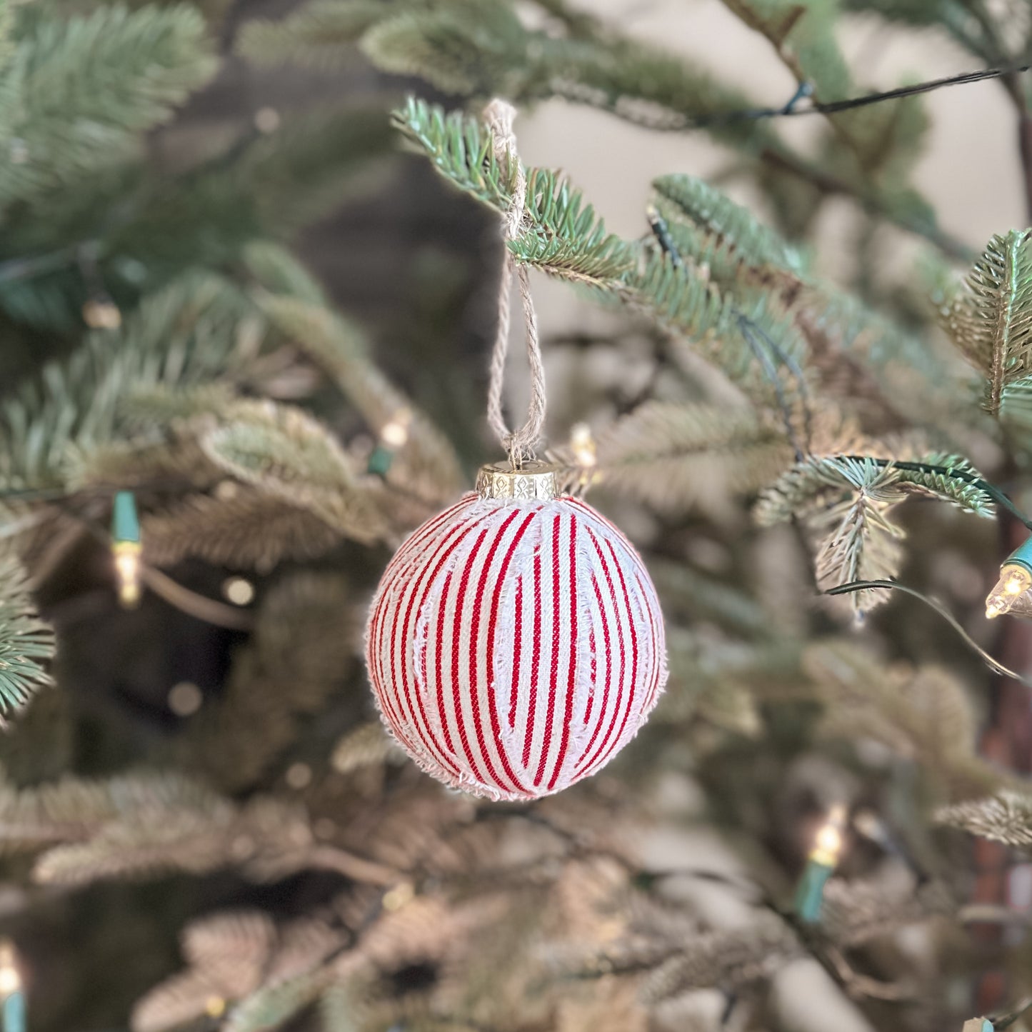 Red and White Ticking Stripe Tree Ornaments | Set of 4