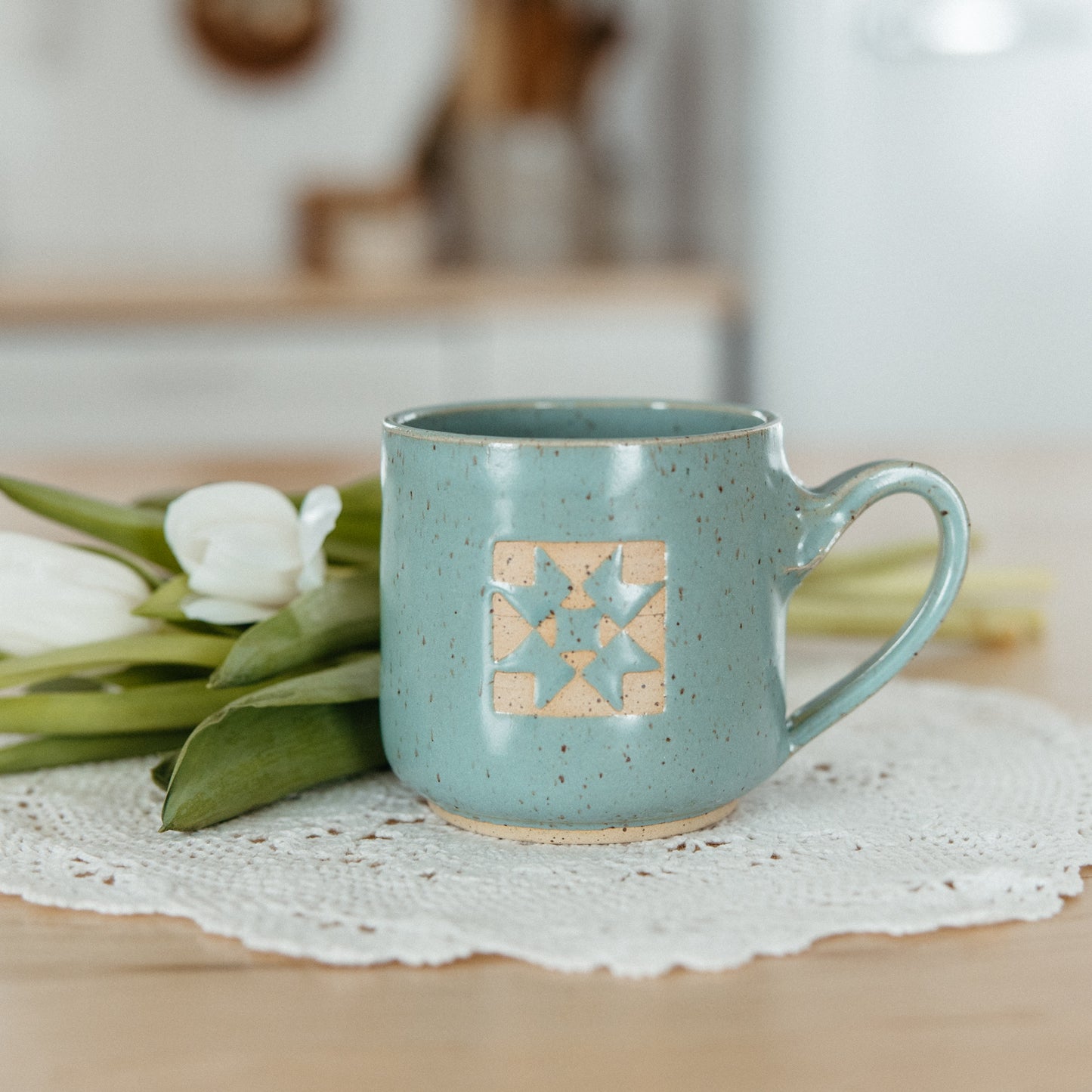 Quilt Block Pottery Mug | Light Green