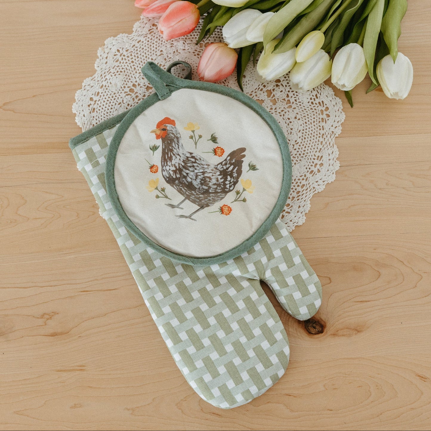 Spring Chicken Gingham Pot Holder Set