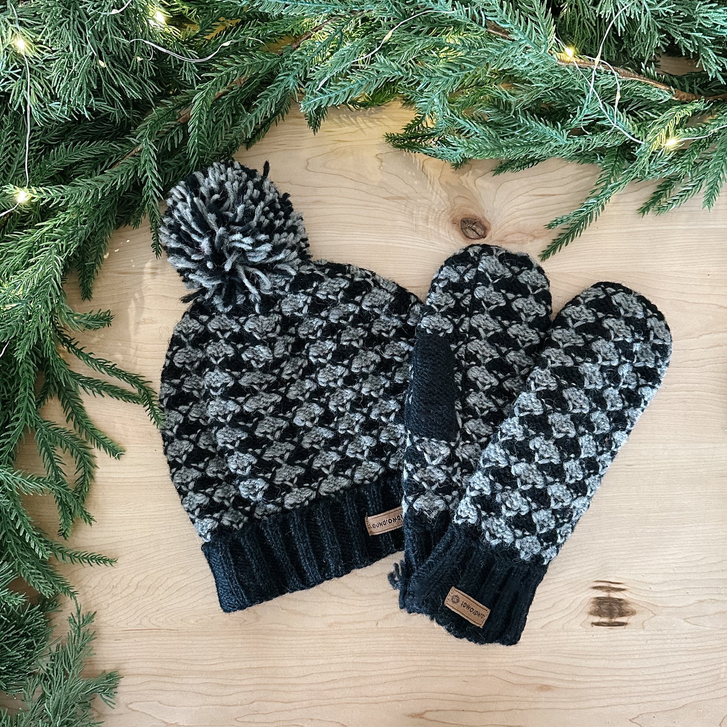 Black & Grey Mitten and Hat Set