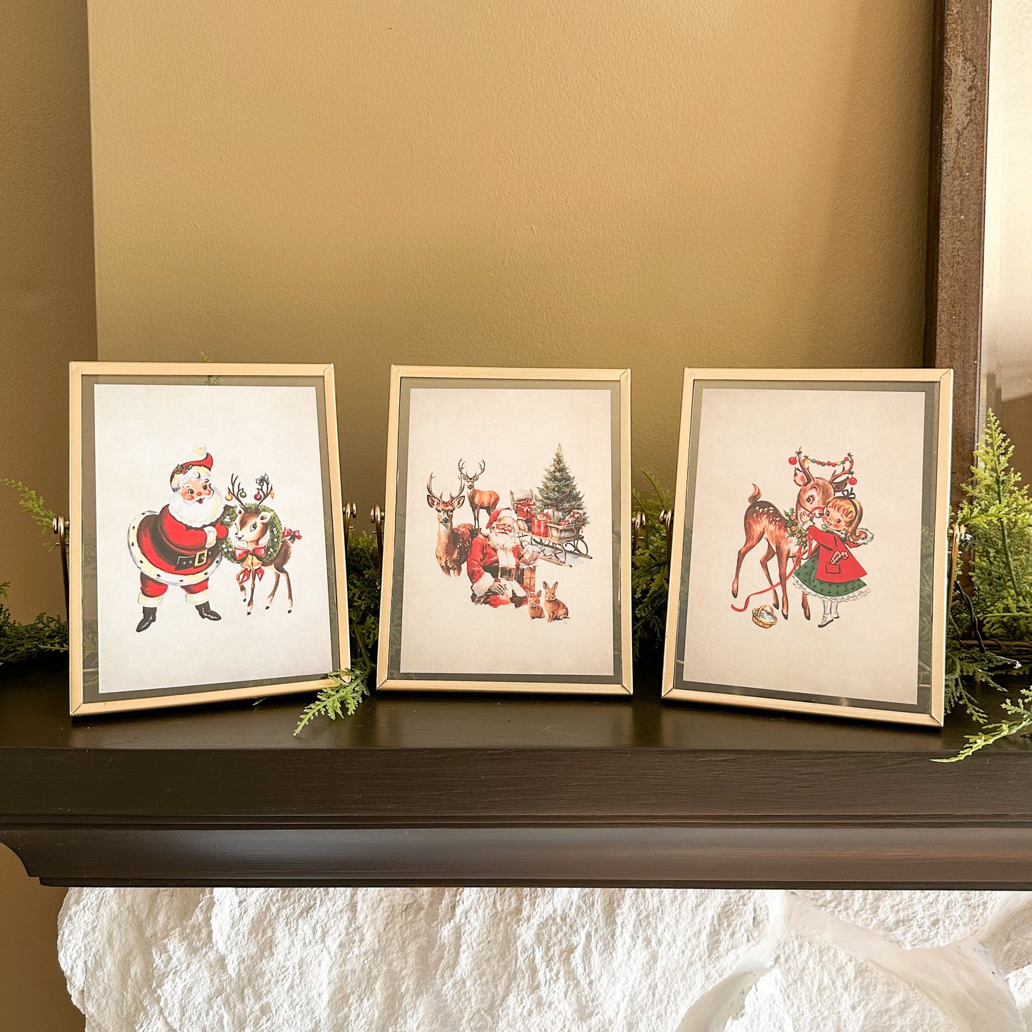 Gold Framed Print | Old Fashioned Santa with Sleigh and Deer
