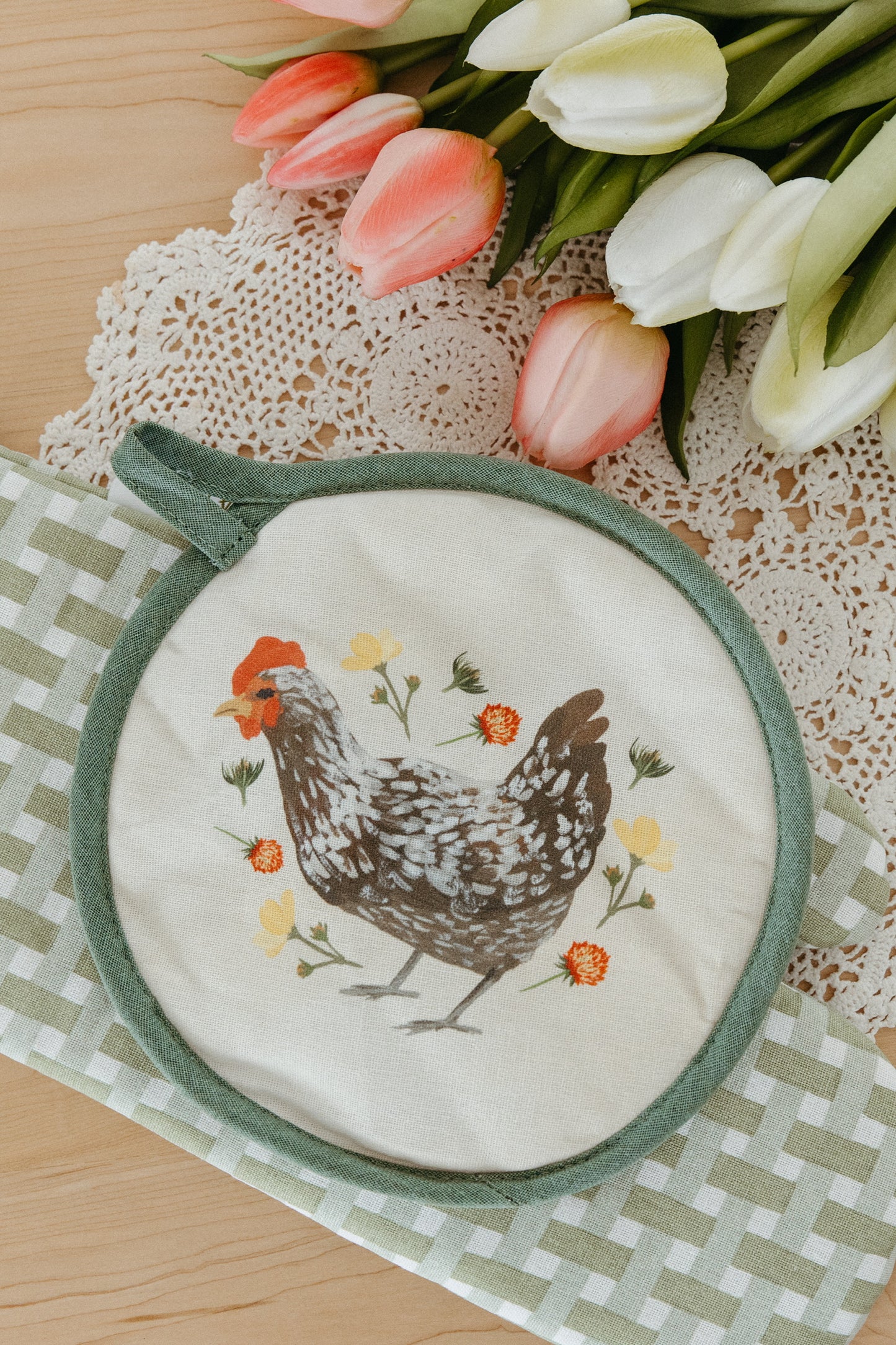 Spring Chicken Gingham Pot Holder Set