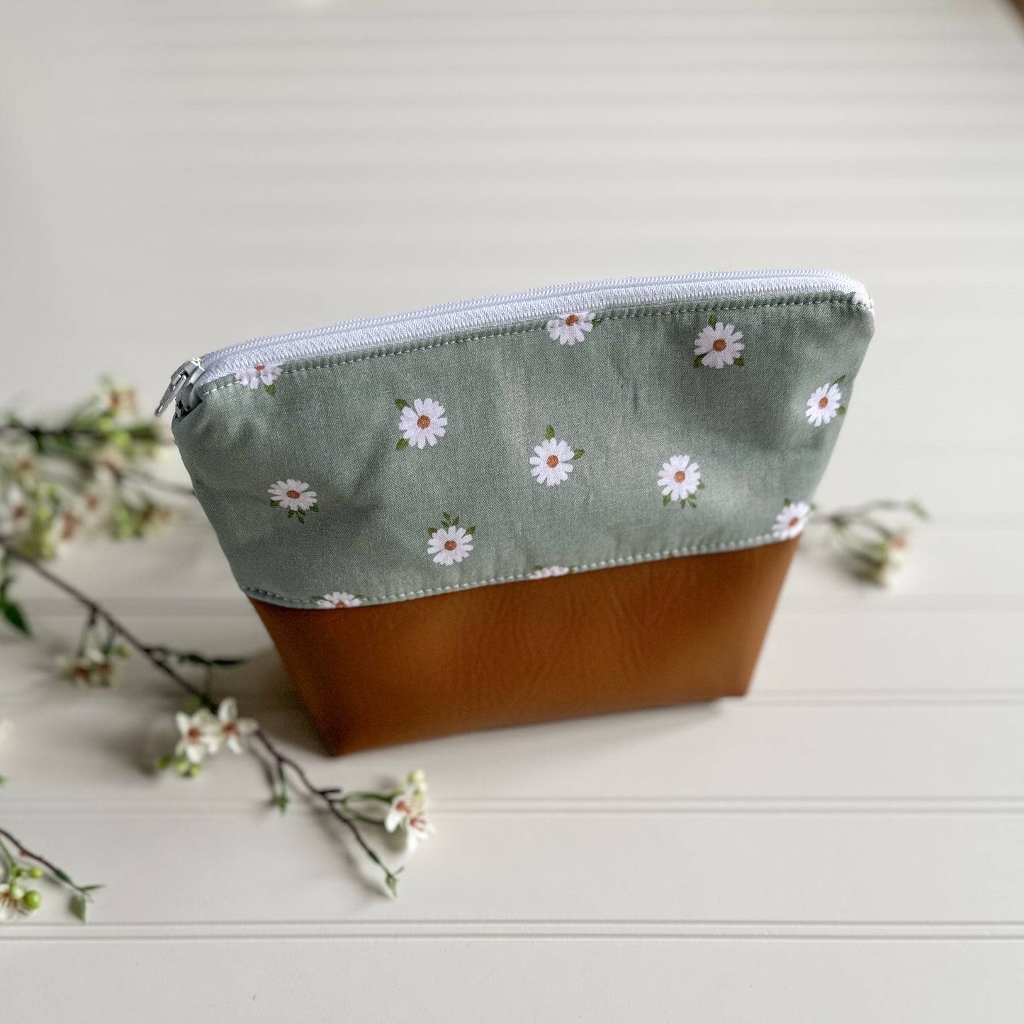 Sage Green Daisy and Leather Pouch