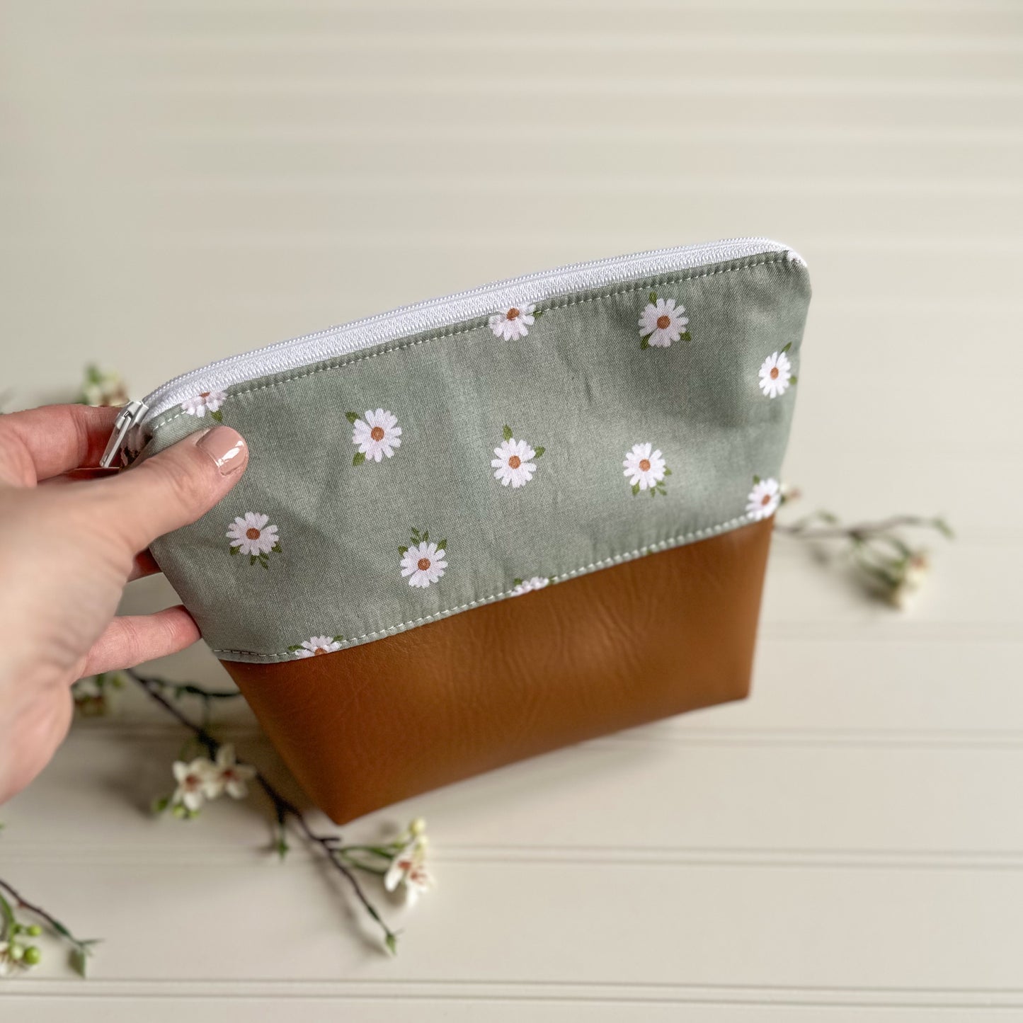 Sage Green Daisy and Leather Pouch