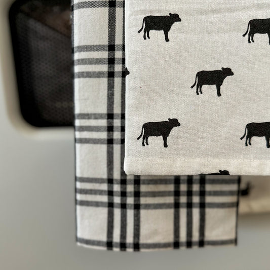 Cow & Black and White Plaid | Tea Towels Set of 2