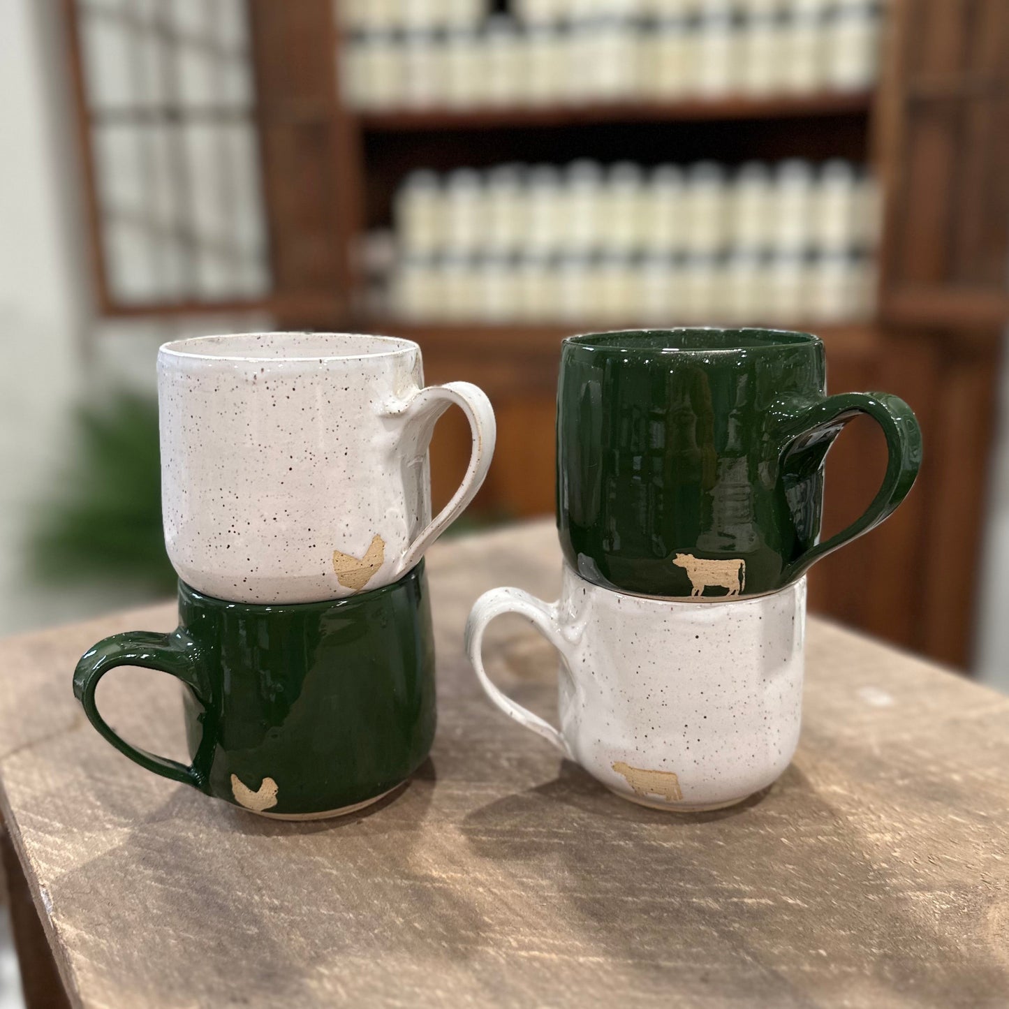 Chicken/Cow Pottery Mug | Forest Green