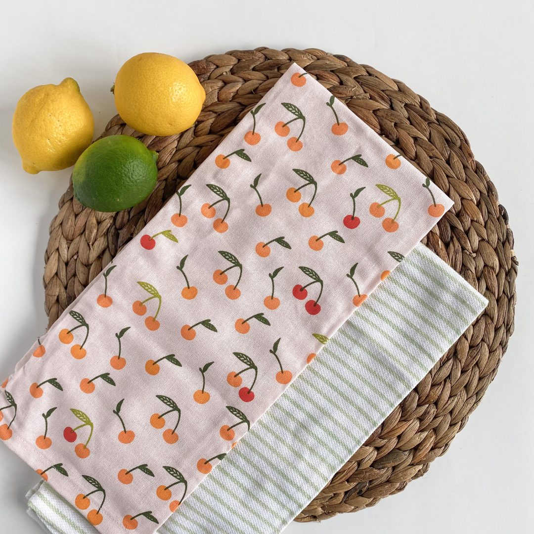 Cherries & Green Stripes | Tea Towels Set of 2