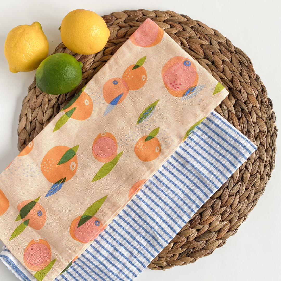 Oranges & Blue Stripes | Tea Towels Set of 2