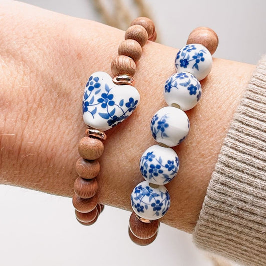 Japanese Glass Bead & Wood Bead Bracelet | Blue | 2 options