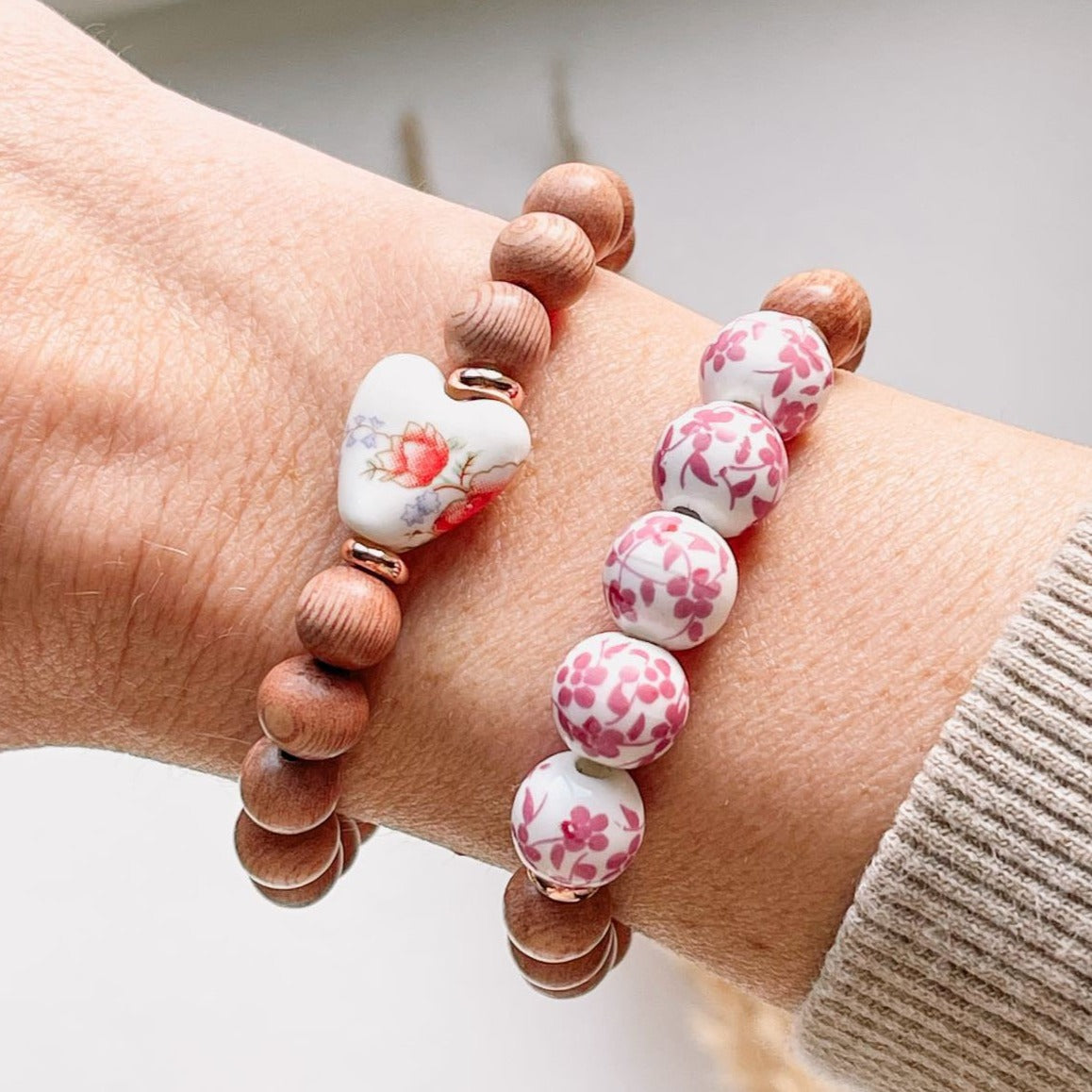 Japanese Glass Heart Bead & Wood Bead Bracelet