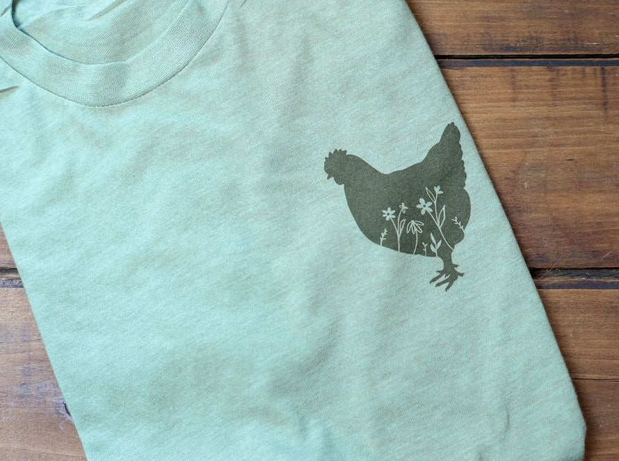 Floral Chicken | heather green tshirt | unisex