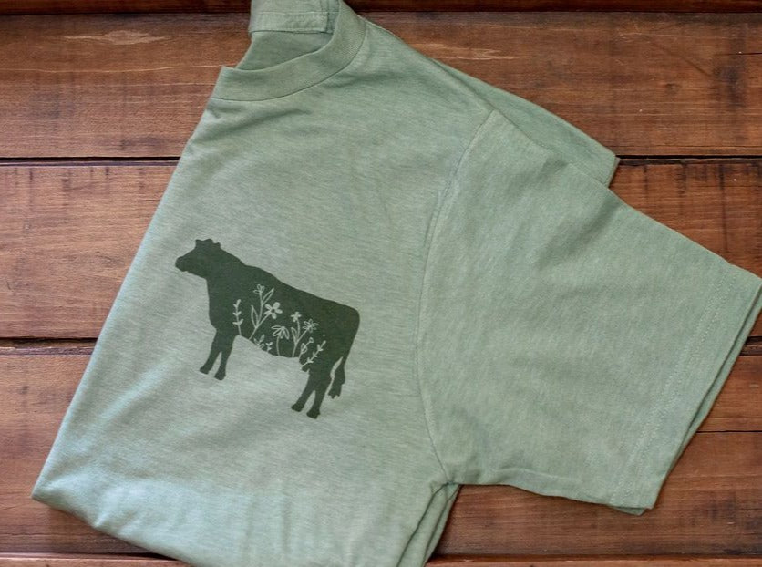 Floral Cow | heather green tshirt | unisex