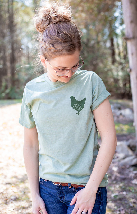 Floral Chicken | heather green tshirt | unisex